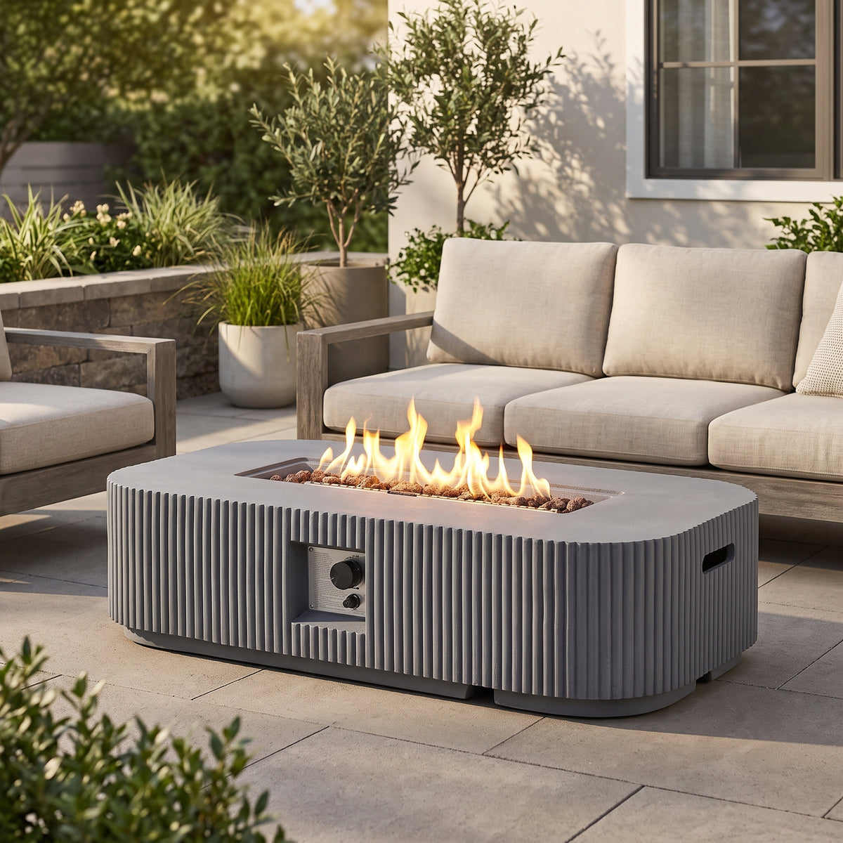 Gray MGO fire pit table backyard gathering lifestyle