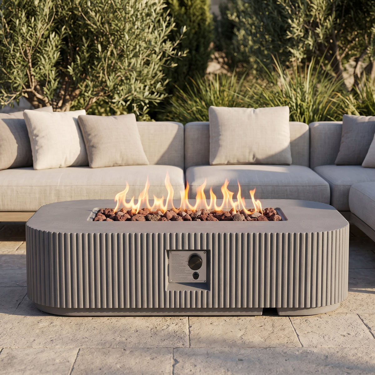 Modern gray stone look fire pit outdoor patio scene