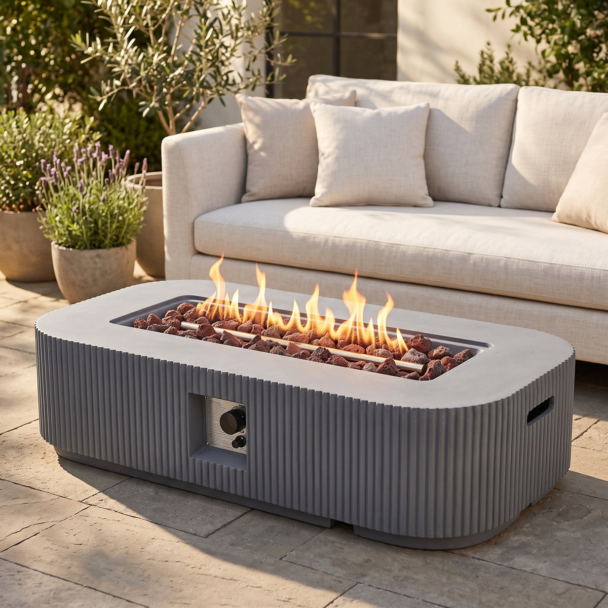 Gray rectangular fire pit additional lifestyle view