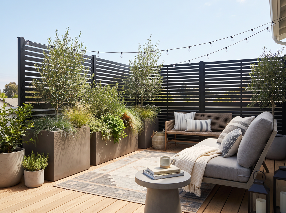 Refreshed backyard patio with black privacy screens, planters, greenery, and lounge seating