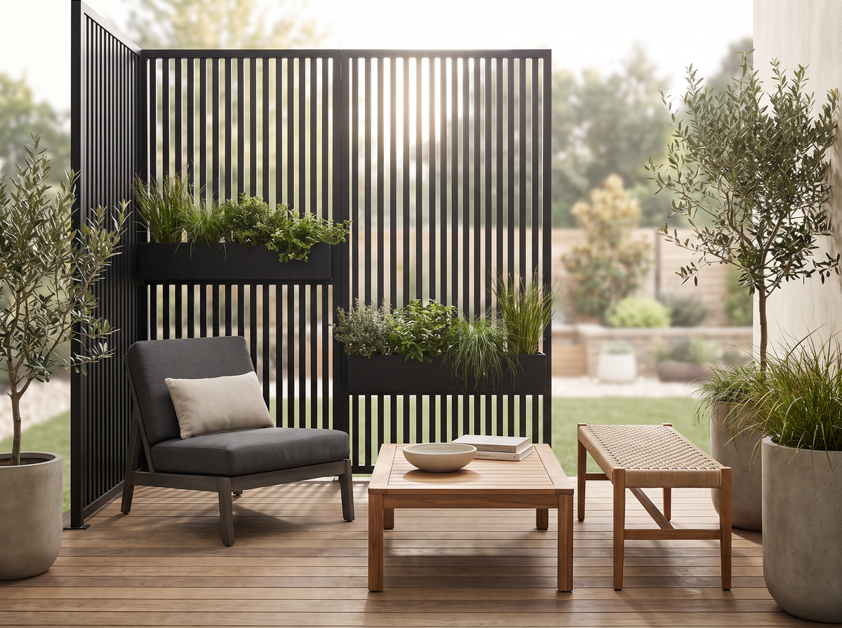 Black metal privacy screen and planters defining a modern outdoor living zone