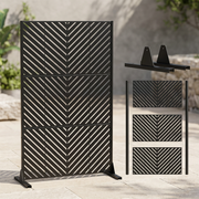 Mixed-width louvered metal privacy screen showing included panels and mounting brackets
